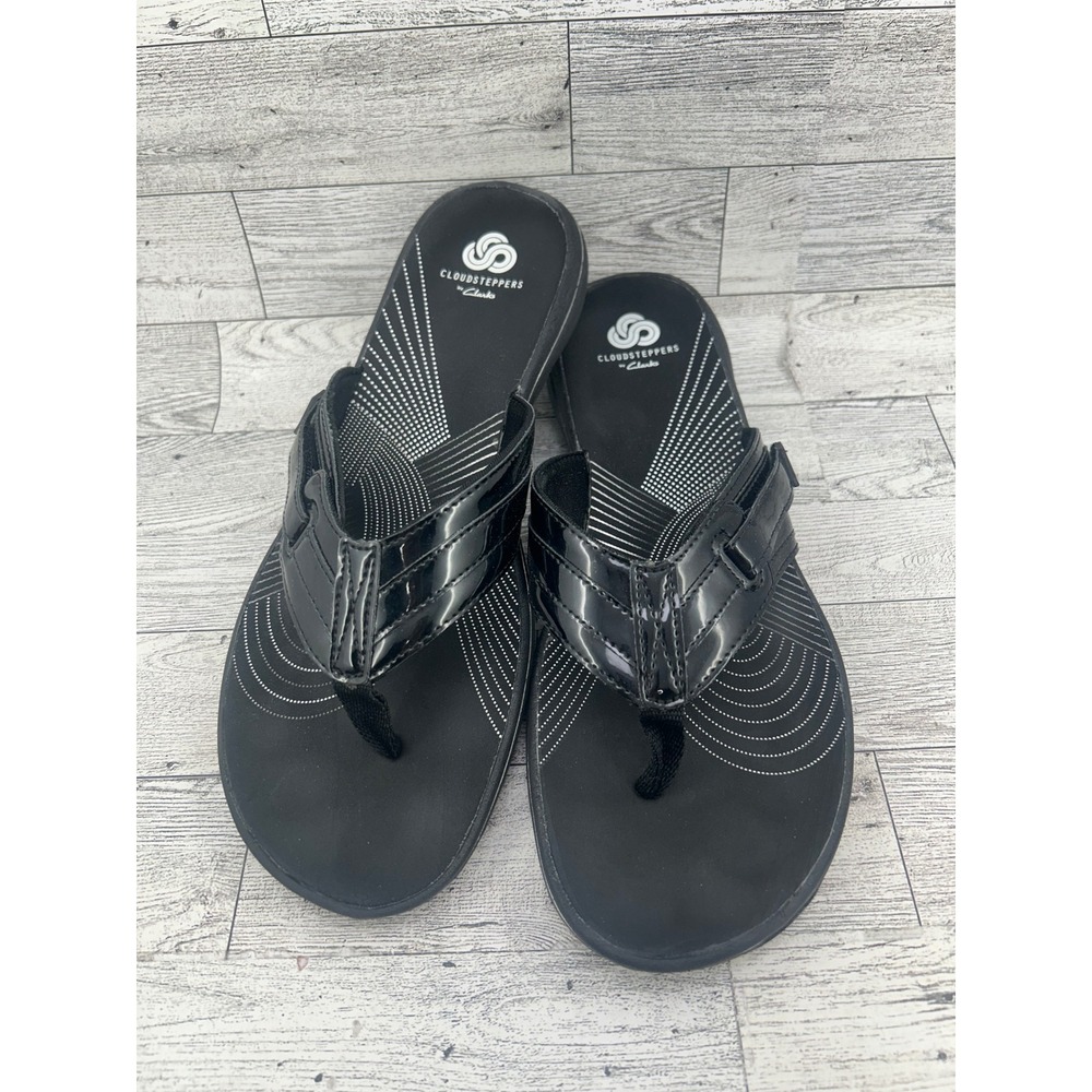 Clarks Cloudsteppers Arla Glison Women‎ Size 9M Black Patent Flip Flop Sandals